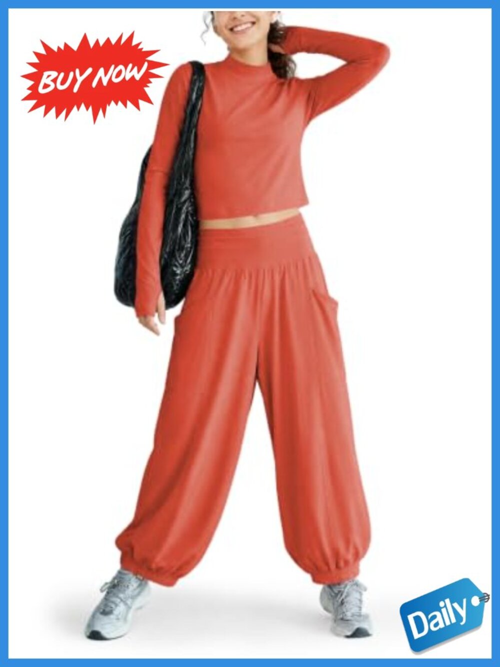 2 Piece Activewear Set Cropped Long Sleeve Top Harem Pants Gym Outfit Cotton